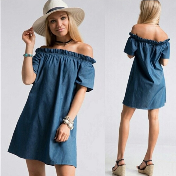Off Shoulder Chambray Shift Dress - Picture 11 of 11